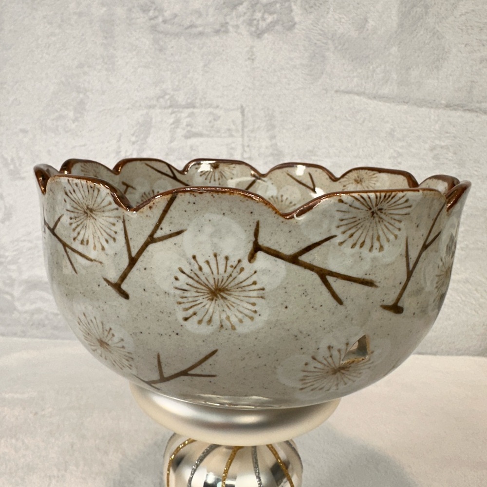 Mino Baked Japanese Confectionery Clay Bowl Artist Signed Hirome Cherry Blossoms